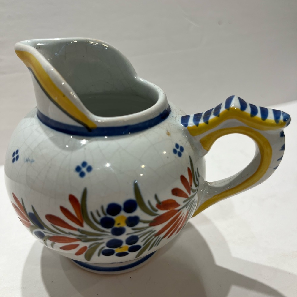 Vintage Henriot Quimper France cream pitcher Brenton man and woman, yellow/blue